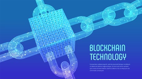 block chain. crypto currency. blockchain concept. 3d wireframe chain and isometric digital block with digital code. editable cryptocurrency template. stock vector illustration.