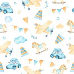 watercolor seamless pattern with boys toys car airplane pyramids flags rocking horse clouds isolated on white background. child kid toys illustration