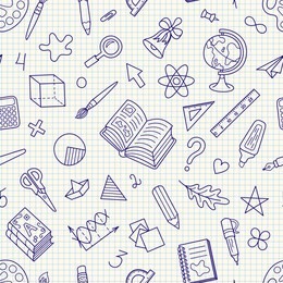 school hand-drawn seamless stationery symbols pattern on squared paper backdrop. continuous doodle background for pack or wrapping paper and pupil's products.