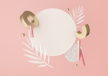3d rendered illustration with flying geometric shapes and tropical leaves. background for product design or text presentation mock up. spheres, torus, cylinders, in pink and metallic gold colors.