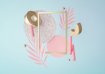 3d rendered illustration with flying geometric shapes and tropical leaves. trendy background for product design or text presentation.  spheres, torus, cylinders in pink, blue and gold colors.