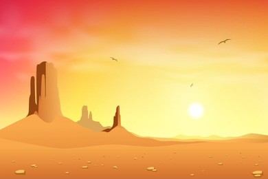 a desert landscape with mountains and sunset, sunrise