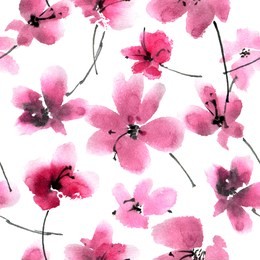 watercolor and ink illustration of red flowers. sumi-e, u-sin painting. seamless pattern.