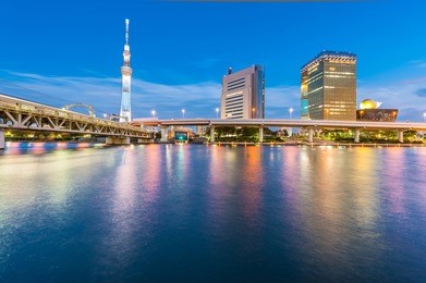view of tokyo skyline from sumida river