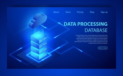 concept of big data processing center, cloud database, server energy station of future. server room banner, web hosting processing of big data concept. data transmission technology data protection. 