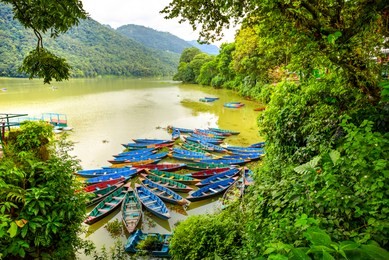 colorful wooden boats on phewa lake, pokhara, nepal
