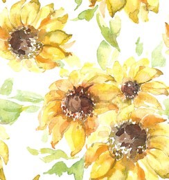 watercolor seamless pattern of sunflowers on a white backgroud. 