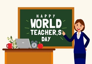 happy world teacher's day with teacher pointing on the chalkboard vector illustration