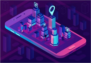 smart city isometric architecture concept. web banner with neon buildings. futuristic 3d city smartphone app map. intelligent buildings with signs. internet of things. isolated vector illustration