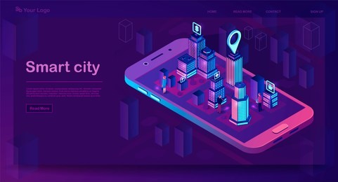 smart city isometric architecture concept. web banner with neon buildings. futuristic 3d city smartphone app map. intelligent buildings with signs. internet of things. isolated vector illustration