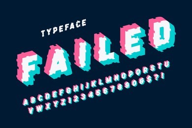 glitched display font design, alphabet, typeface, letters and numbers, typography. swatches color control