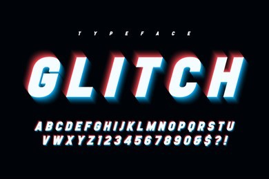 glitched glowing display font design, alphabet, typeface, letters and numbers, typography. swatches color control