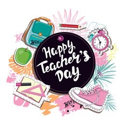 school card with lettering happy teacher`s day, school items and hand drawn sketch illustration leaves