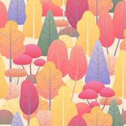 seamless pattern with colorful coniferous and deciduous trees and bushes on light background. endless texture with simple elements of autumn plants.  fall foliage of forest vector flat illustration. 