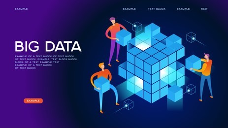people interacting with big data. data visualization concept. 3d isometric vector illustration. page template. 
