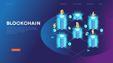 blockchain network concept , distributed ledger technology , block chain text and computer connection. modern 3d isometric vector illustration of web page.  design concept.