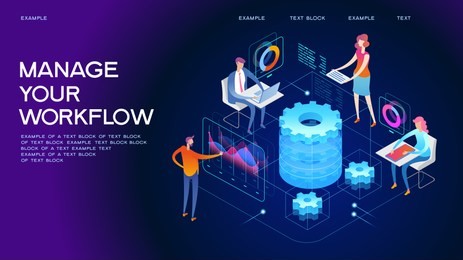 people interacting with graphs and papers. workflow and business management. 3d vector isometric illustration.