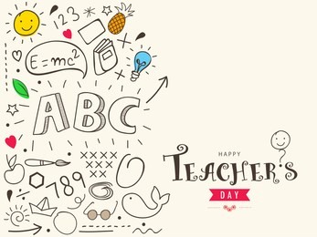 creative hand drawn doodle set of objects, black and white outline background for happy teacher's day celebration.
