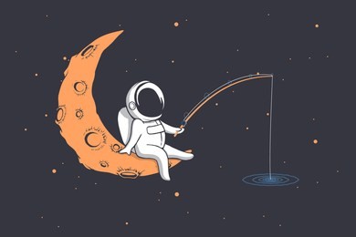 astronaut fishes in space, sitting on the crescent moon.cartoon vector illustration
