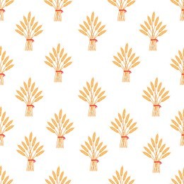  seamless pattern with whole grain seeds organic, natural background isolated on white background flat style design vector illustration. stack of hay with red ribbon repeat pattern
