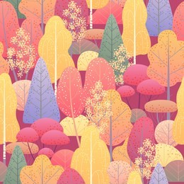 seamless pattern with colorful autumn forest trees and bushes on red background. endless texture with simple elements of plants.  fall foliage vector flat illustration. 