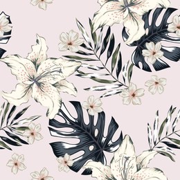 tropical white lily flowers and gray palm, monstera leaves, pale pink background. vector seamless pattern. jungle foliage illustration. exotic plants. summer beach floral design. paradise nature