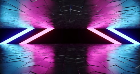 futuristic modern sci-fi neon tube glowing shapes on rough concrete surface and empty space between purple and blue colors 3d rendering illustration