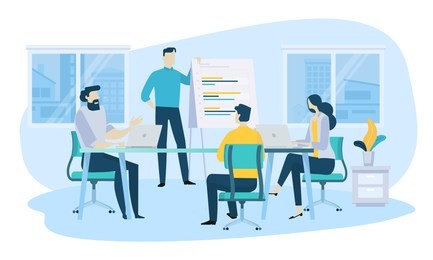 vector illustration concept of business meeting, teamwork, training, improving professional skill. creative flat design for web banner, marketing material, business presentation, online advertising.