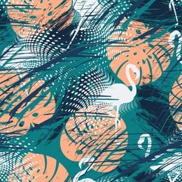 seamless pattern of hand drawn tropical palm leaves, flowers, flamingo. greeting card, invitation for summer beach party, flyer, textile print. vector illustration. grunge design style