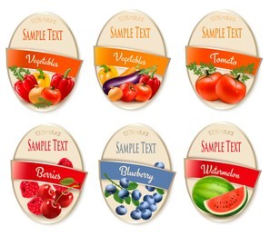 set of labels of berries and vegetables. cherry, blueberry, raspberry, strawberry, watermelon, tomato, onion, pepper, carrot. vector.