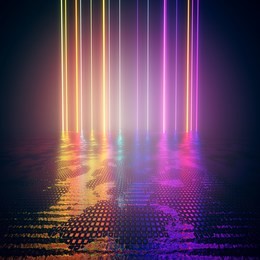 design element. 3d rendering. abstract  background. laser beams, neon glowing lines rainbow colored, dark scene