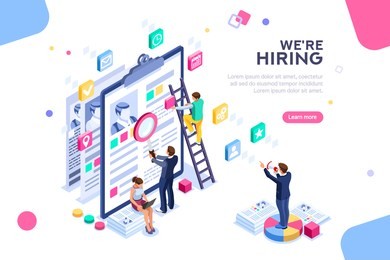 job presentation fair banner page, choose career or interview a candidate. job agency human resources creative find experience. work concept with character and text. flat isometric vector illustration