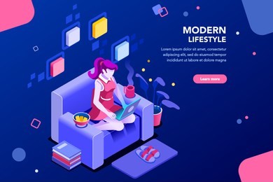 girl sitting on the sofa works with laptop, modern freelancer template for website. concept with characters and text for services. web page, flat isometric infographic vector images, illustration.