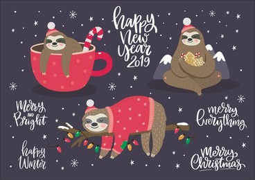 merry christmas card with cute sloth. hello winter print. happy new year card