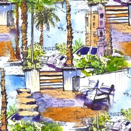 seamless pattern. downtown with street and buildings of miami city in florida, usa. watercolor splash with hand drawn sketch illustration. retro colorful watercolor silhouettes of palm trees.