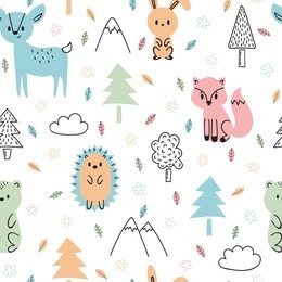 seamless childish pattern with cute hand drawn forest animals. design texture for fabric, wrapping, textile, decor. forest background in cartoon style. vector illustration