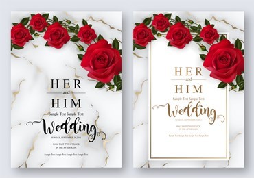 wedding invitation card templates with realistic of beautiful red rose and flower on white marble background .