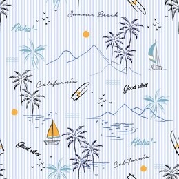 island seamless pattern in the summer mood with mountain, windsurf, boat, palm trees vector in hand drawn style on stripe design for fashion, fabric and all prints on light blue line