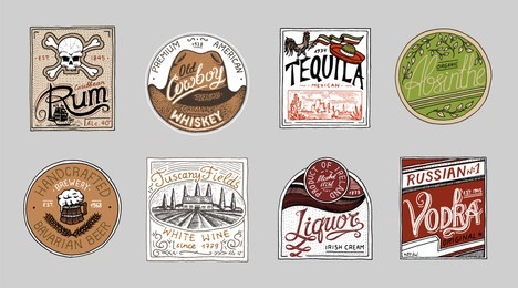 vintage american badge. absinthe tequila vodka liqueur rum wine strong whiskey beer. alcohol label with calligraphic elements. frame for poster banner. hand drawn engraved lettering for t-shirt.