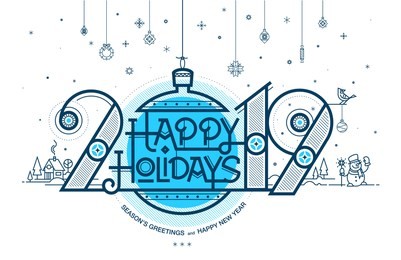 happy holidays, season's greetings and happy new year. greeting card. 2019