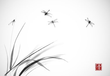 dragonflies flying over the grass. traditional oriental ink painting sumi-e, u-sin, go-hua. hieroglyph - clarity