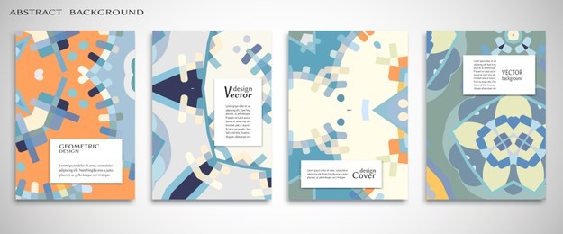 set of a4 cover, abstract composition. colorful header design for flyer, book, info banner frame, title sheet. colored geometric shapes. modern design. brochure template layout. vector illustration