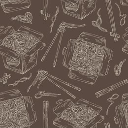 seamless pattern with wok: chinese noodles, wok box and chopsticks with noodles. vector hand drawn illustration