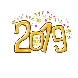 2019 happy new year poster or card design template. vector happy new year greeting illustration with colored hand drawn 2019 numbers and stars isolated on white background