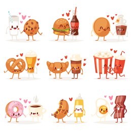 food kawaii vector cartoon expression characters of fastfood hamburger loving doughnut emoticon illustration valentines set of burger emotion kissing coffee emoji in love isolated on white background