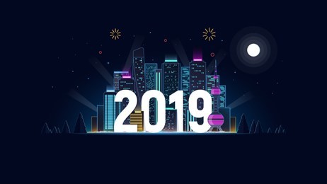 night city in neon lights. 2019. new year. merry christmas. concept design of neon skyscrapers and 2019 year. modern futuristic background with big city for greeting template. vector illustration.
