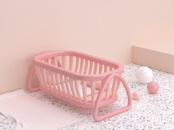 3d rendering marble floor pink wall baby cradle cartoon style