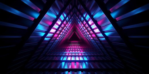 futuristic sci fi dark empty triangle interior metal mesh corridor with blue and purple neon lights reflected techology concept 3d rendering illustration