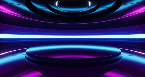 futuristic empty stage alien ship modern future background technology sci-fi interior concept with reflective metal surface and purple and blue vibrant neon lights 3d rendering illustration