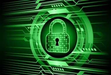 safety concept, closed padlock on digital background, cyber security, green abstract hi speed internet technology background illustration. key vector